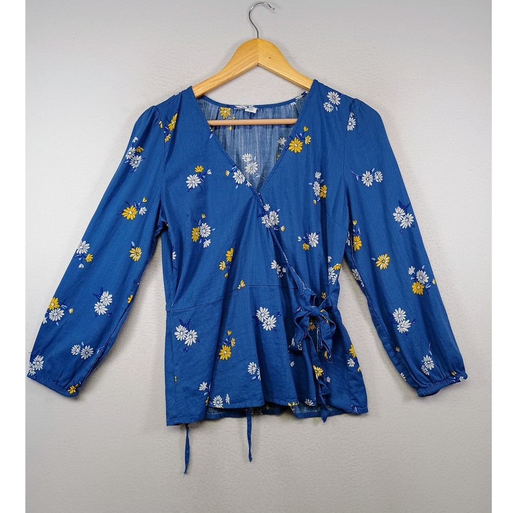 Cottagecore Old Navy Women S Blue Daisy Floral Wrap Peplum Long Sleeve Blouse